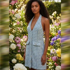Blue and White Checkered Backless Dress
